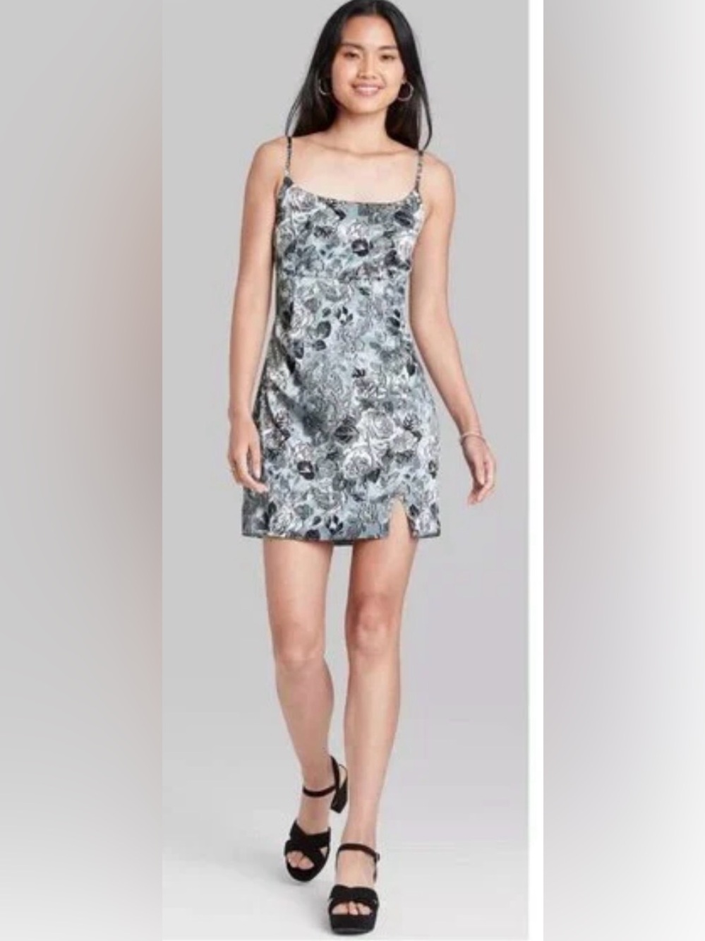 wild fable Gray and Black Floral Jacquard Midi Dress